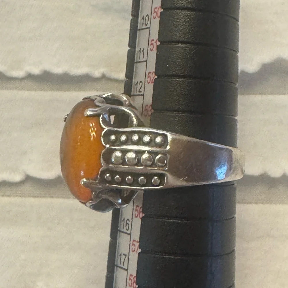 Antique Silver Yellow Amber Cabochon Cocktail Ring Bezel Gemstone Filagree Sz 7